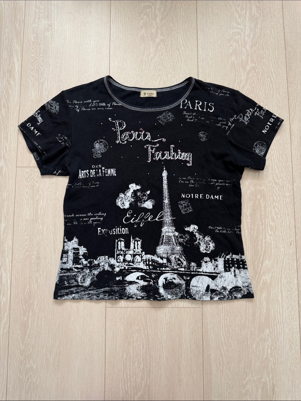 Cactus Y2K Rhinestone Black Short-Sleeve Paris Graphic Tee with White Print